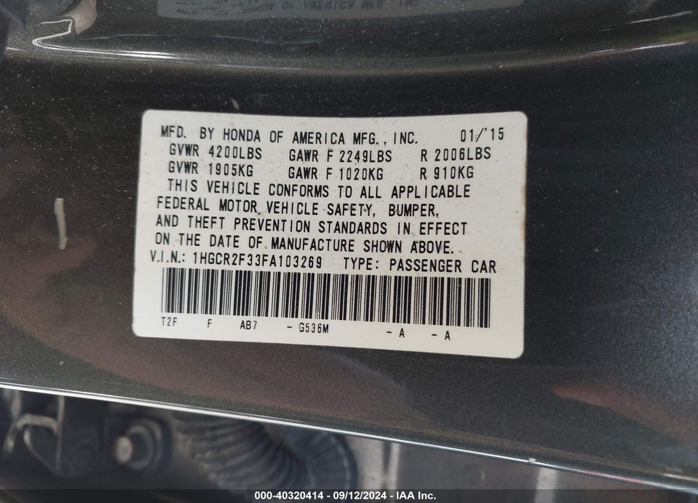 2015 HONDA ACCORD LX VIN: 1HGCR2F33FA103269