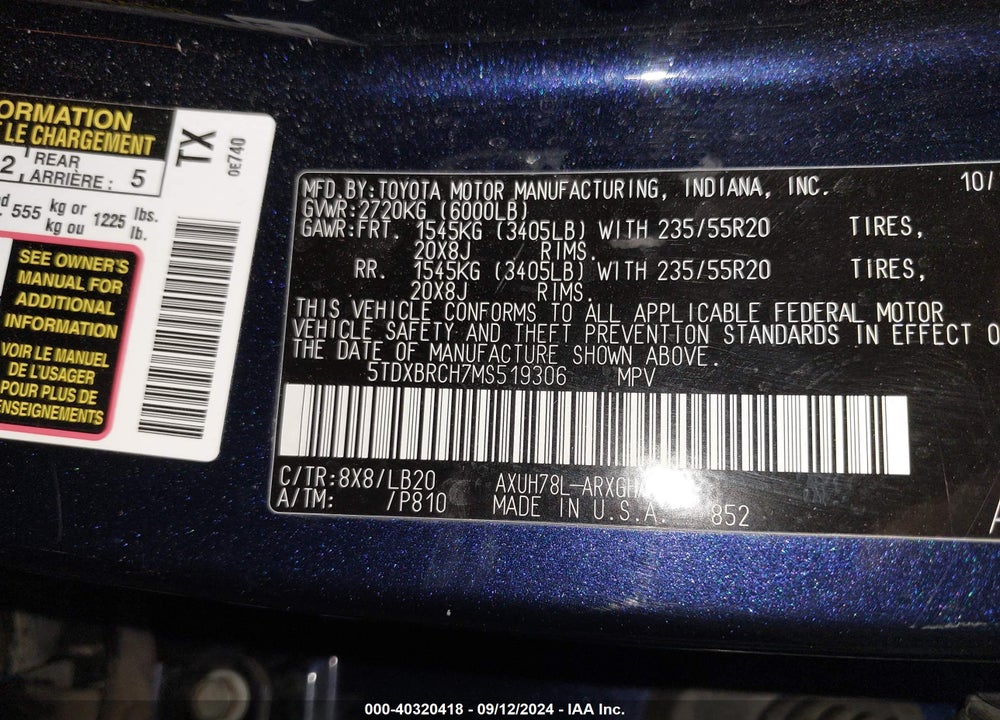 2021 TOYOTA HIGHLANDER HYBRID LIMITED VIN: 5TDXBRCH7MS519306
