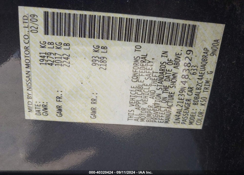 2009 NISSAN ALTIMA 2.5 S VIN: 1N4AL21E39N483829