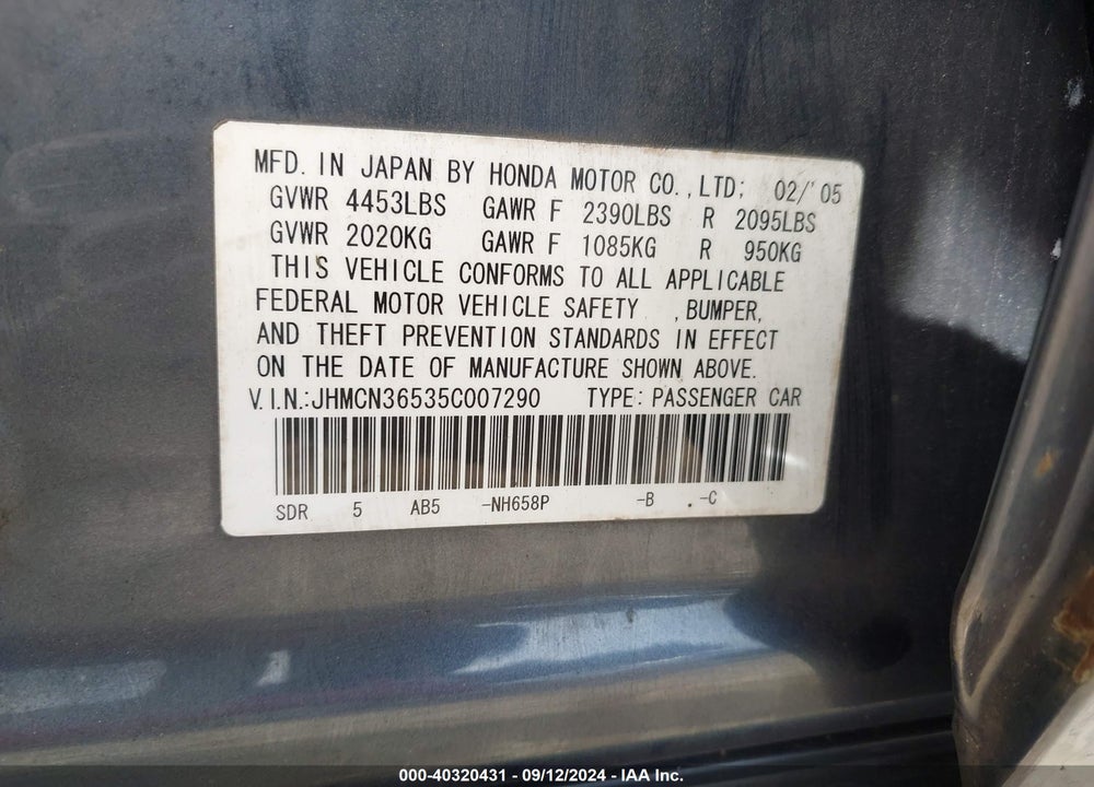 2005 HONDA ACCORD HYBRID IMA VIN: JHMCN36535C007290