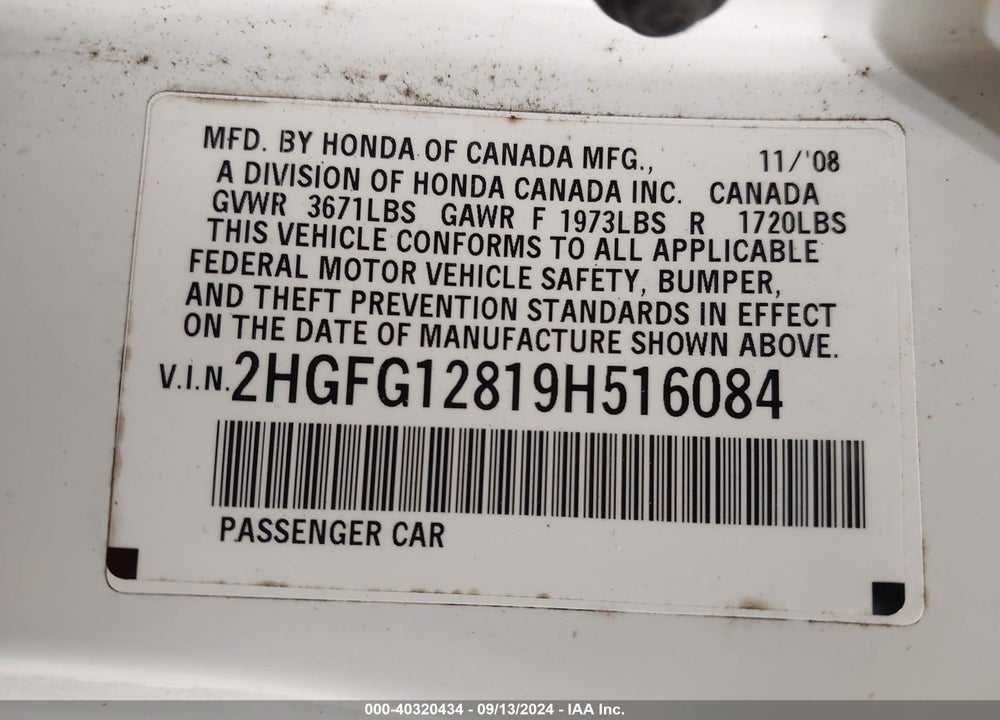 2009 HONDA CIVIC EX VIN: 2HGFG12819H516084