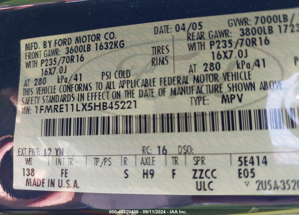 2005 FORD E-150 CHATEAU/XL/XLT VIN: 1FMRE11LX5HB45221