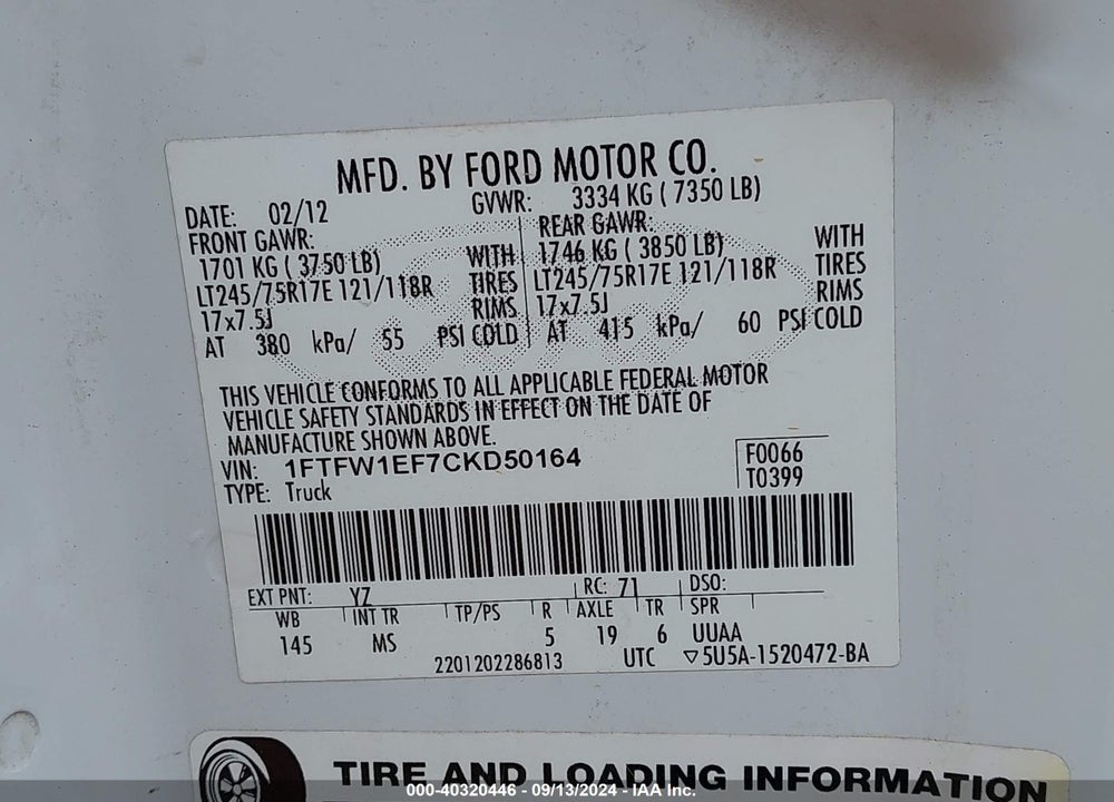 2012 FORD F-150 XLT VIN: 1FTFW1EF7CKD50164