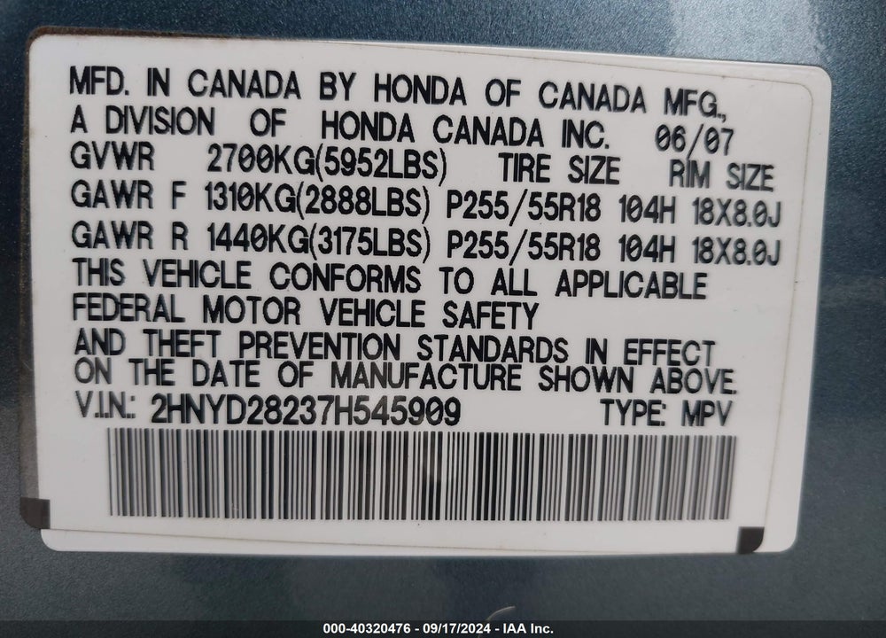 2007 ACURA MDX VIN: 2HNYD28237H545909