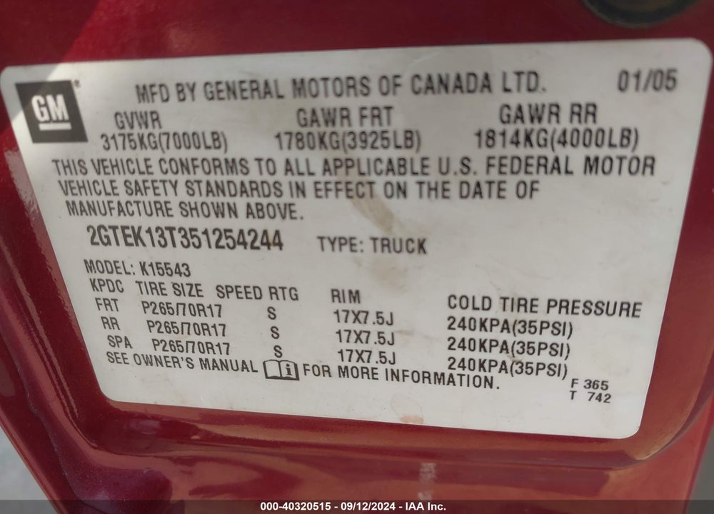 2005 GMC SIERRA 1500 SLE VIN: 2GTEK13T351254244