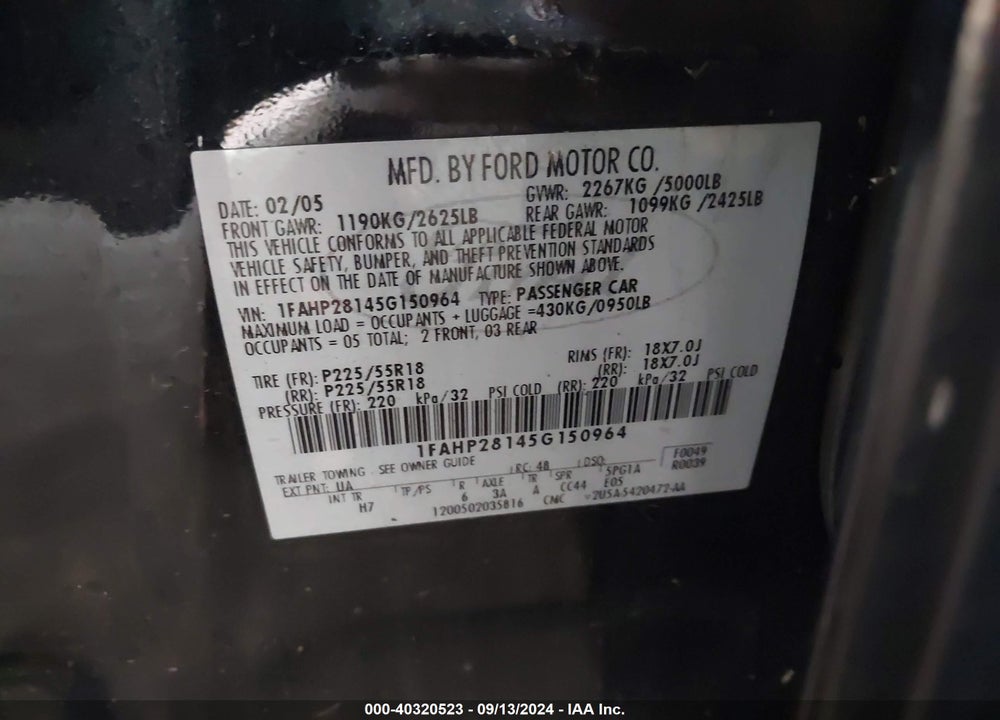 2005 FORD FIVE HUNDRED LIMITED VIN: 1FAHP28145G150964