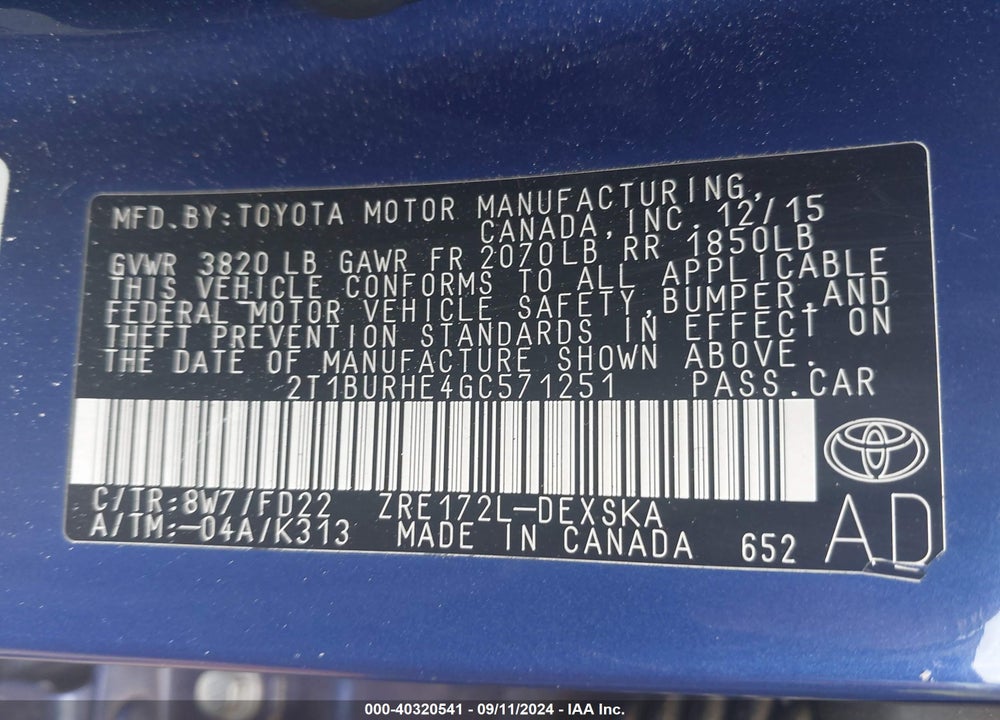 2016 TOYOTA COROLLA S VIN: 2T1BURHE4GC571251