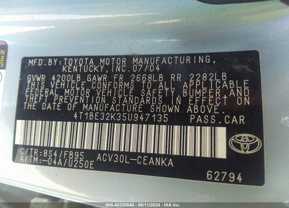 2005 TOYOTA CAMRY LE VIN: 4T1BE32K35U947135
