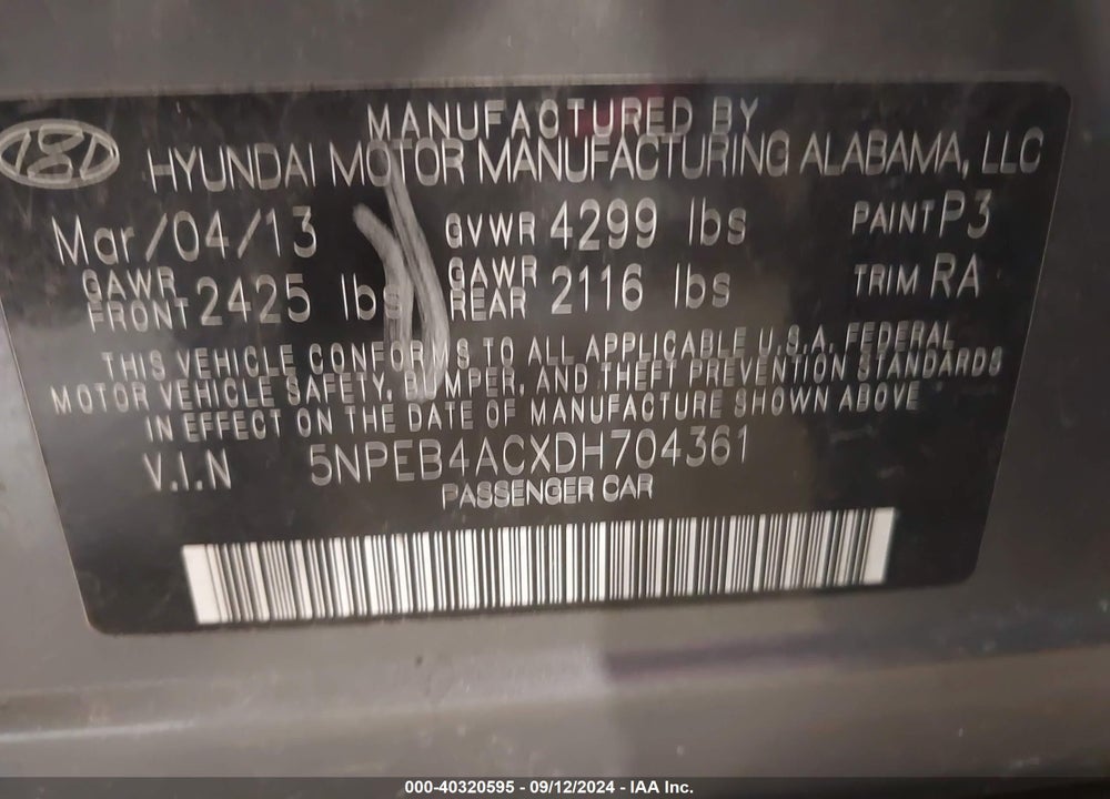 2013 HYUNDAI SONATA GLS VIN: 5NPEB4ACXDH704361
