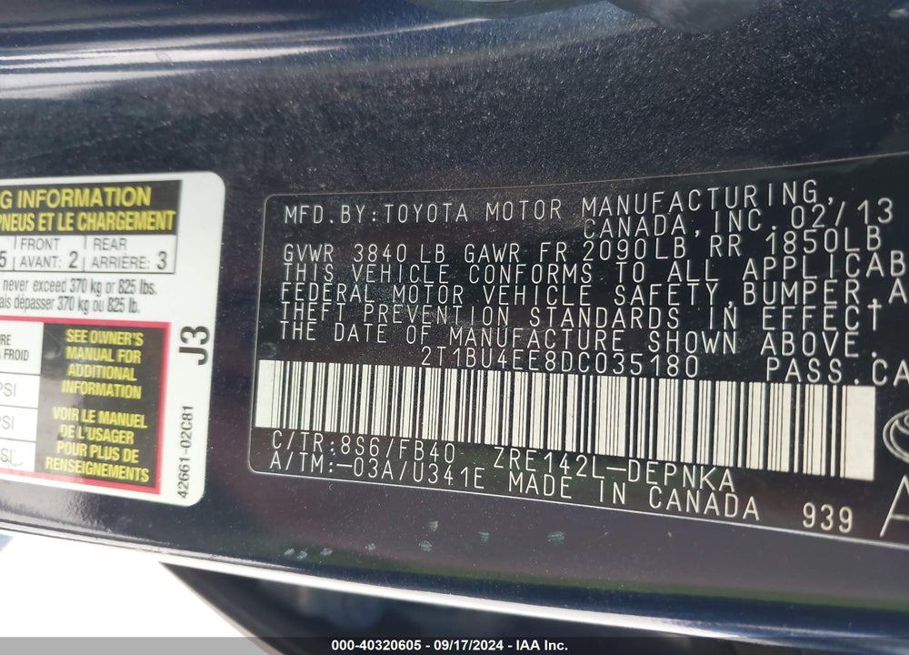 2013 TOYOTA COROLLA LE VIN: 2T1BU4EE8DC035180