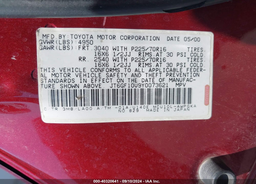 2000 LEXUS RX 300 VIN: JT6GF10U9Y0073621