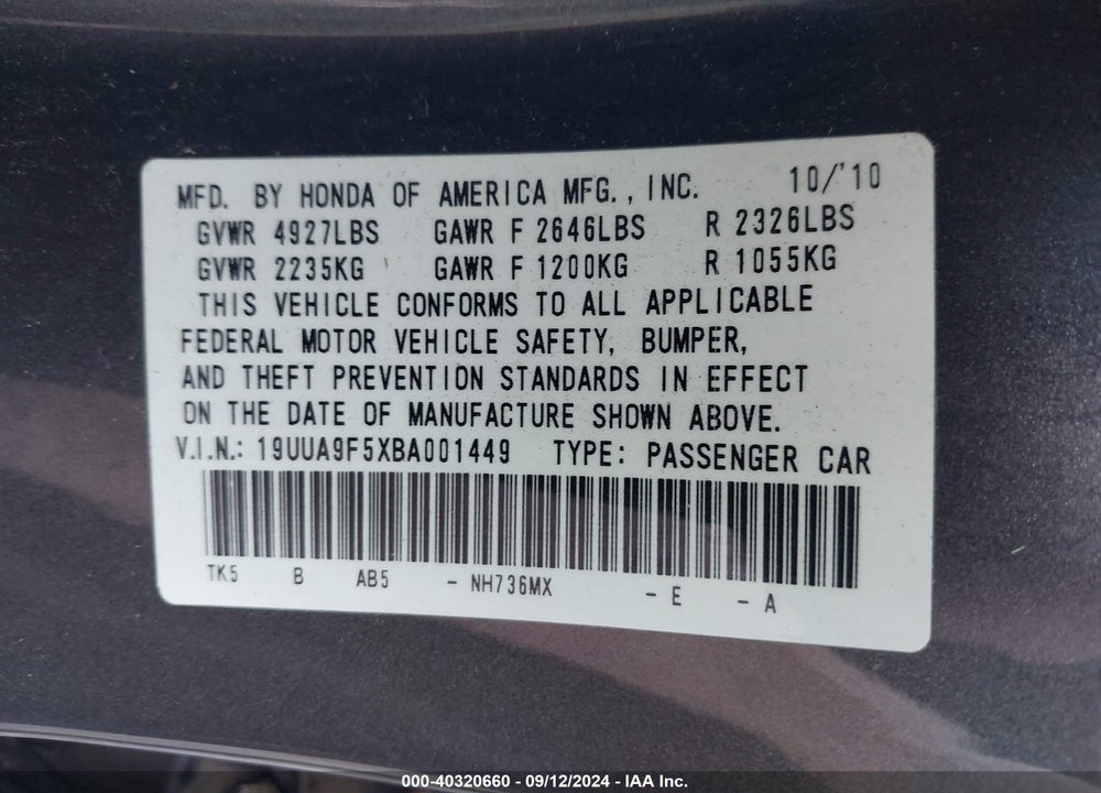 2011 ACURA TL VIN: 19UUA9F5XBA001449