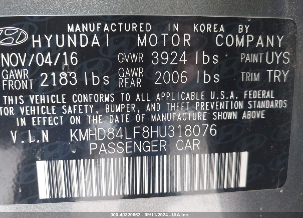 2017 HYUNDAI ELANTRA LIMITED VIN: KMHD84LF8HU318076