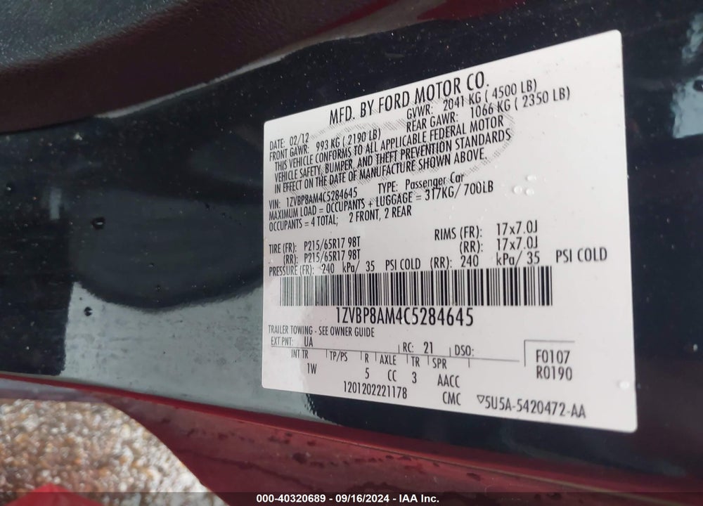 2012 FORD MUSTANG V6 VIN: 1ZVBP8AM4C5284645