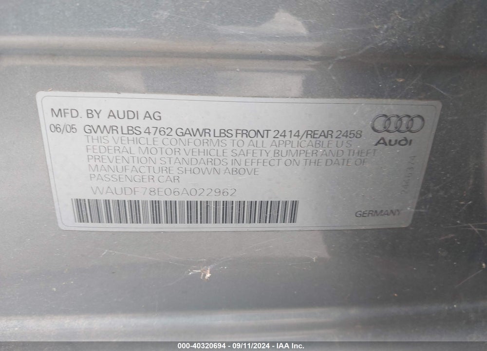 2006 AUDI A4 2.0T VIN: WAUDF78E06A022962