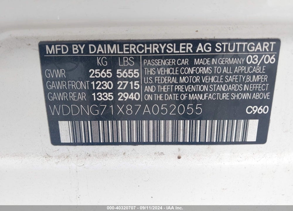 2007 MERCEDES-BENZ S 550 VIN: WDDNG71X87A052055