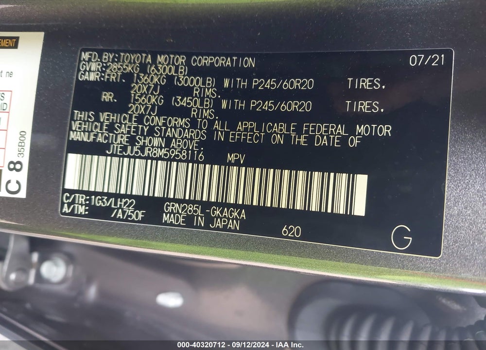 2021 TOYOTA 4RUNNER NIGHTSHADE SPECIAL EDITION VIN: JTEJU5JR8M5958116
