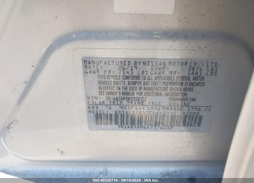 2019 NISSAN SENTRA SV VIN: 3N1AB7AP6KY376152