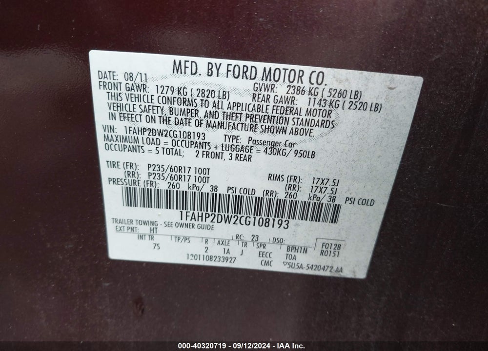 2012 FORD TAURUS SE VIN: 1FAHP2DW2CG108193