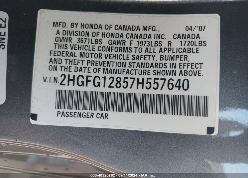 2007 HONDA CIVIC EX VIN: 2HGFG12857H557640