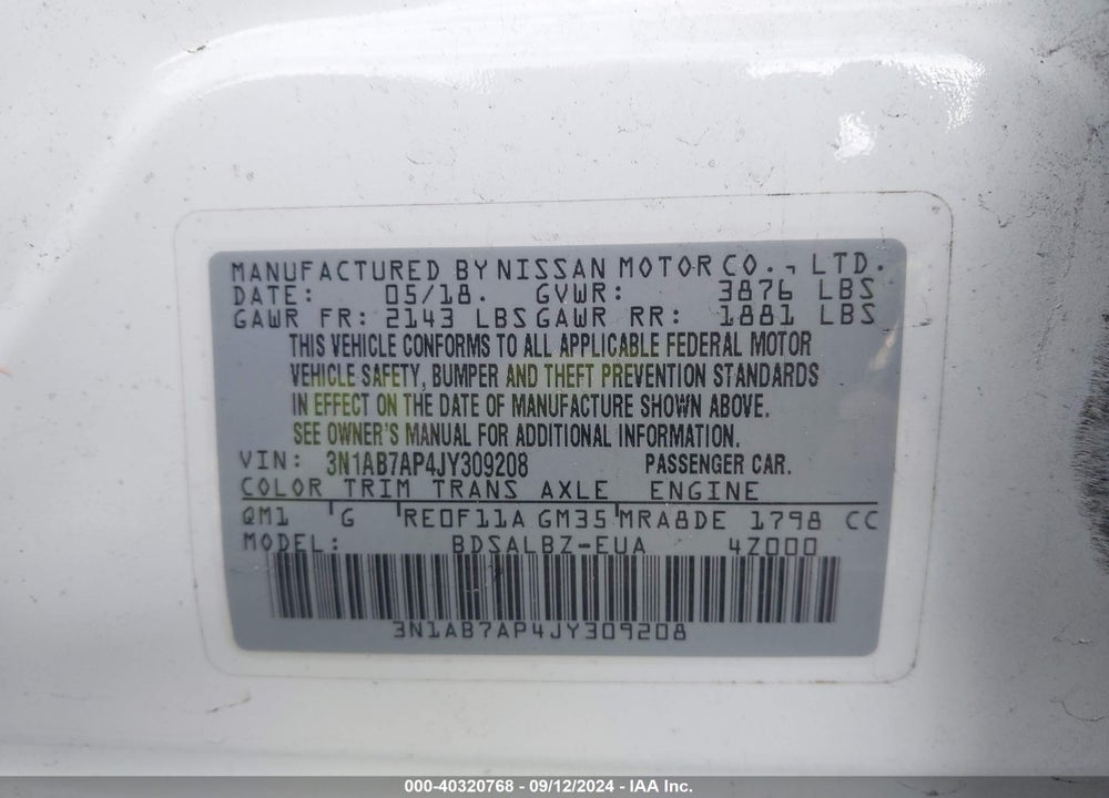 2018 NISSAN SENTRA S VIN: 3N1AB7AP4JY309208