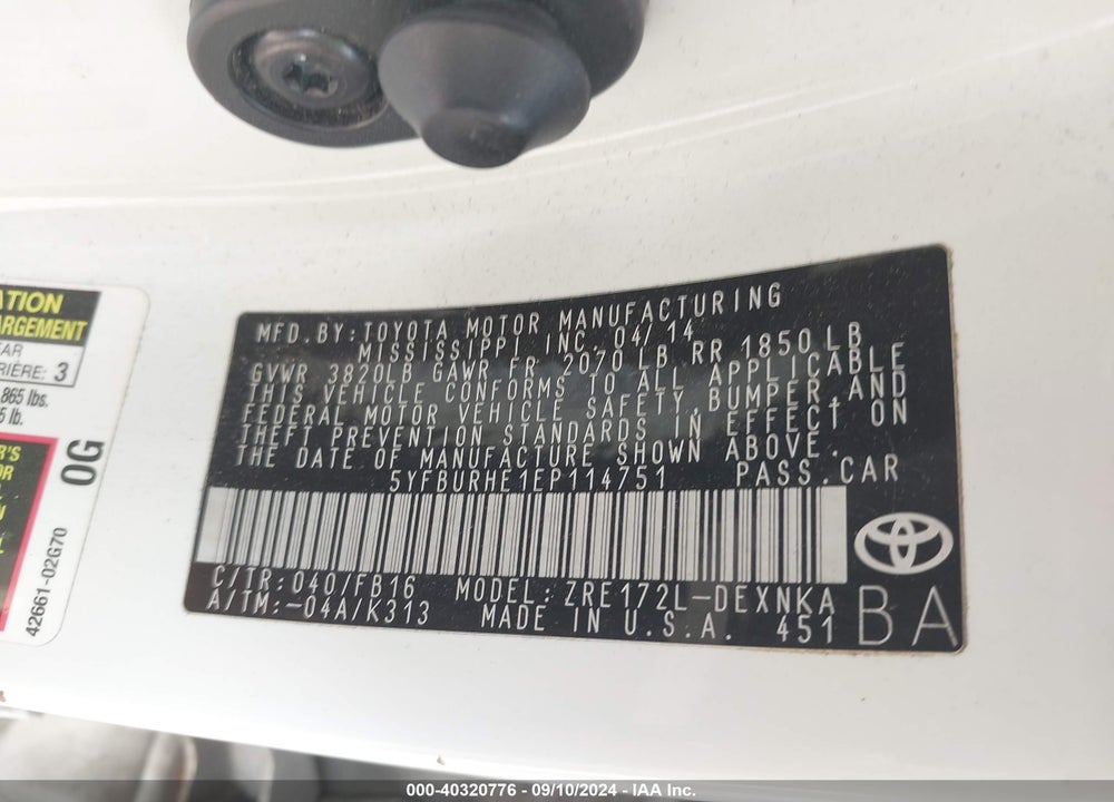 2014 TOYOTA COROLLA LE PLUS VIN: 5YFBURHE1EP114751