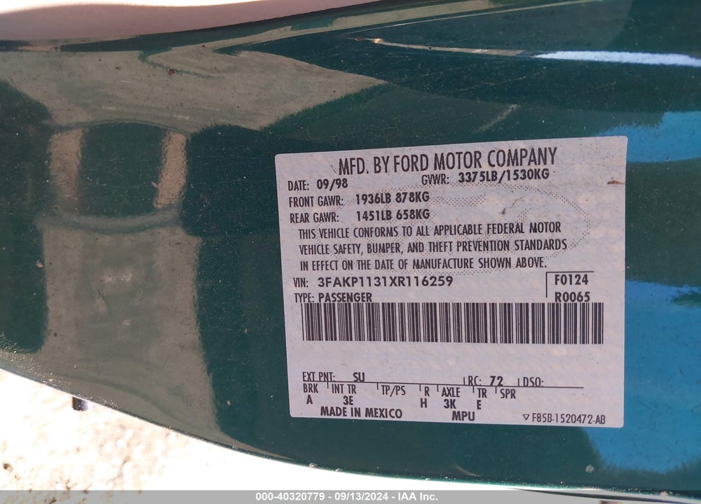 1999 FORD ESCORT ZX2 COOL/ZX2 HOT VIN: 3FAKP1131XR116259