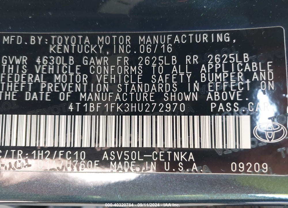 2017 TOYOTA CAMRY LE VIN: 4T1BF1FK3HU272970