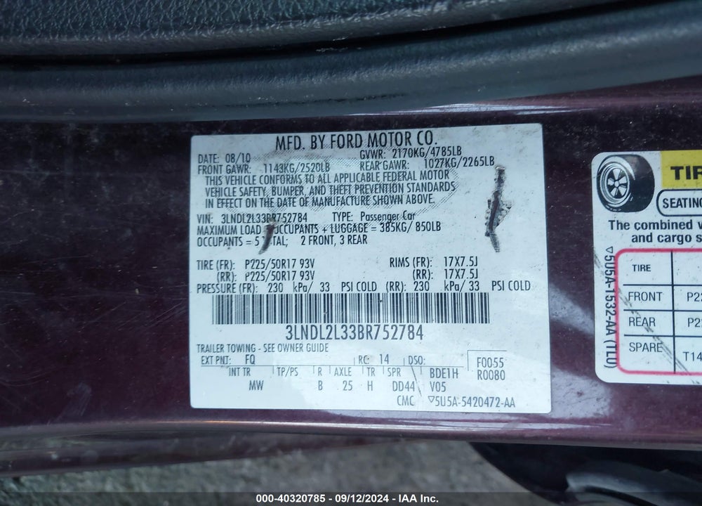 2011 LINCOLN MKZ HYBRID VIN: 3LNDL2L33BR752784