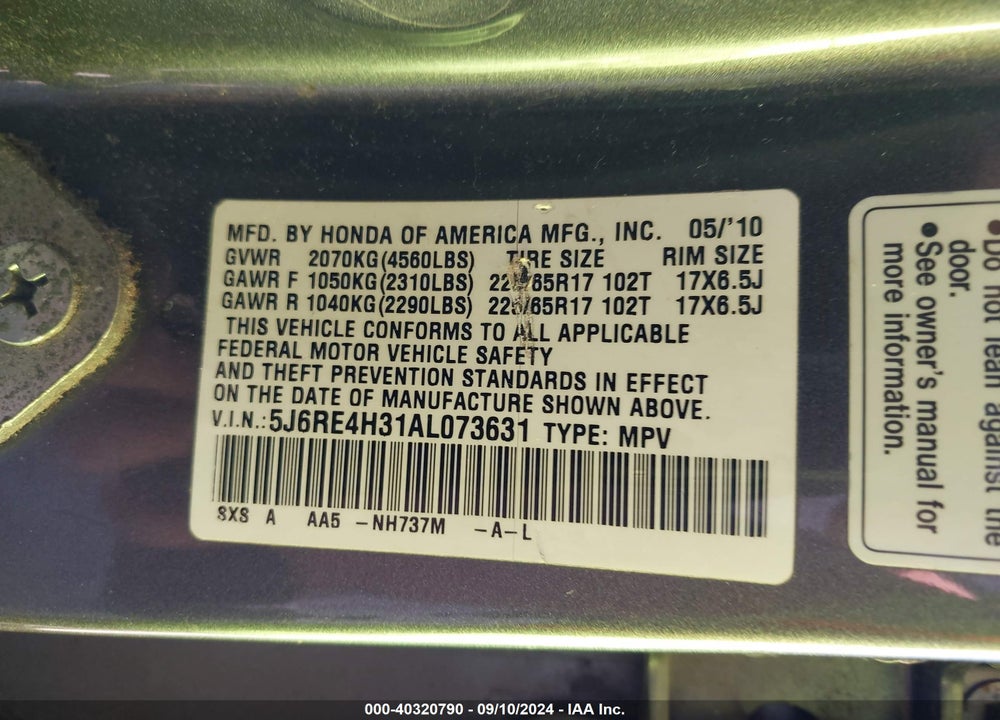 2010 HONDA CR-V LX VIN: 5J6RE4H31AL073631