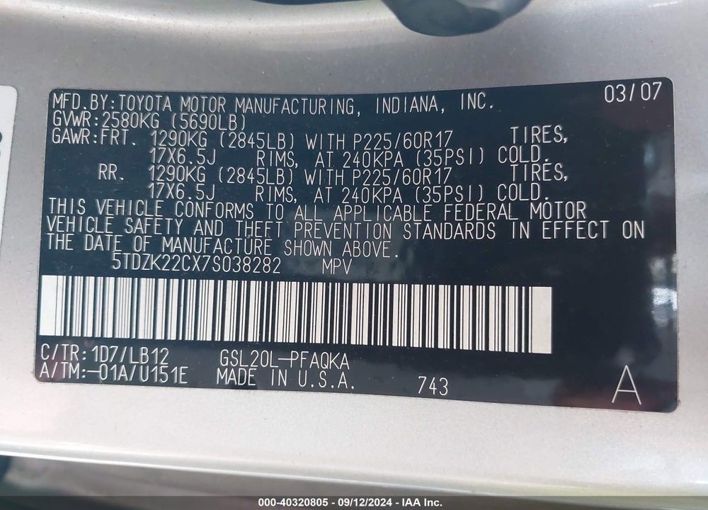 2007 TOYOTA SIENNA XLE VIN: 5TDZK22CX7S038282