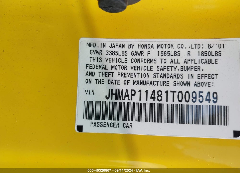 2001 HONDA S2000 VIN: JHMAP11481T009549