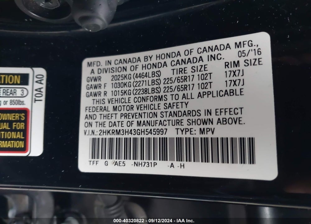 2016 HONDA CR-V SE VIN: 2HKRM3H43GH545997