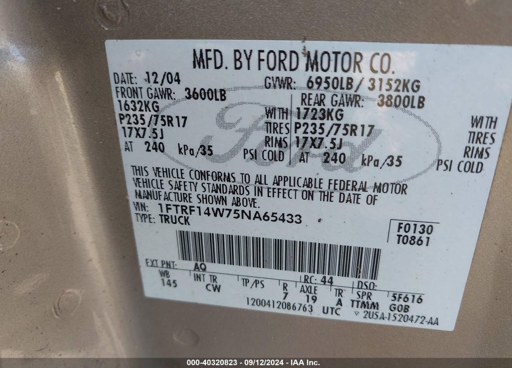 2005 FORD F-150 STX/XL/XLT VIN: 1FTRF14W75NA65433