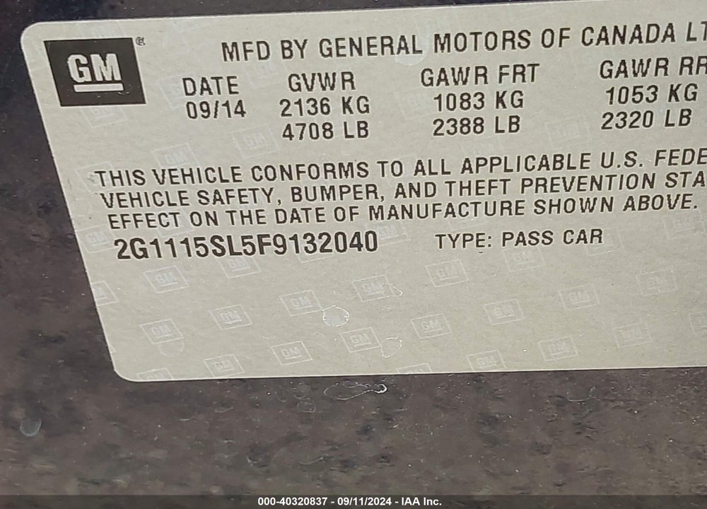 2015 CHEVROLET IMPALA 1LT VIN: 2G1115SL5F9132040