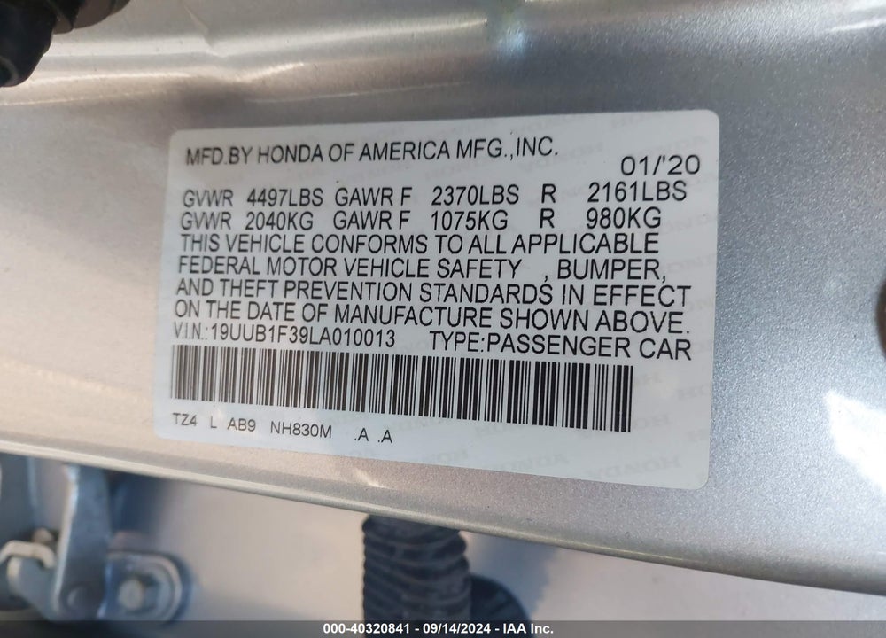 2020 ACURA TLX STANDARD VIN: 19UUB1F39LA010013