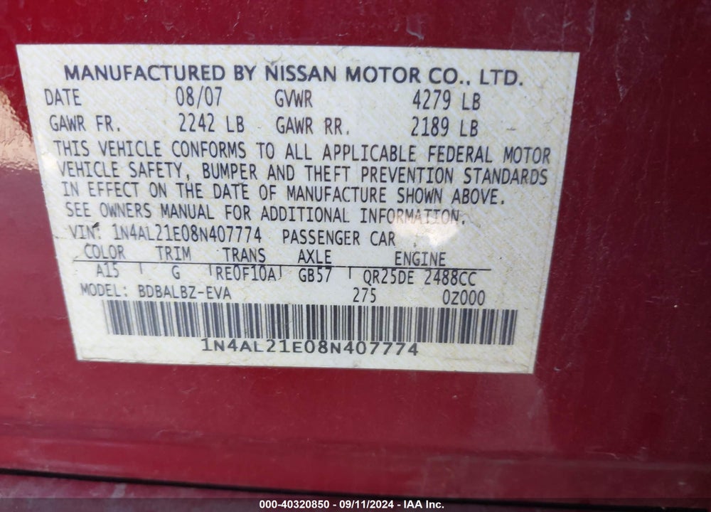 2008 NISSAN ALTIMA 2.5 S VIN: 1N4AL21E08N407774
