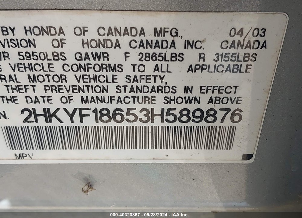 2003 HONDA PILOT EX-L VIN: 2HKYF18653H589876