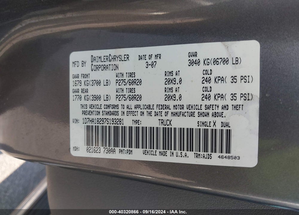 2007 DODGE RAM 1500 SLT VIN: 1D7HA18297S193281