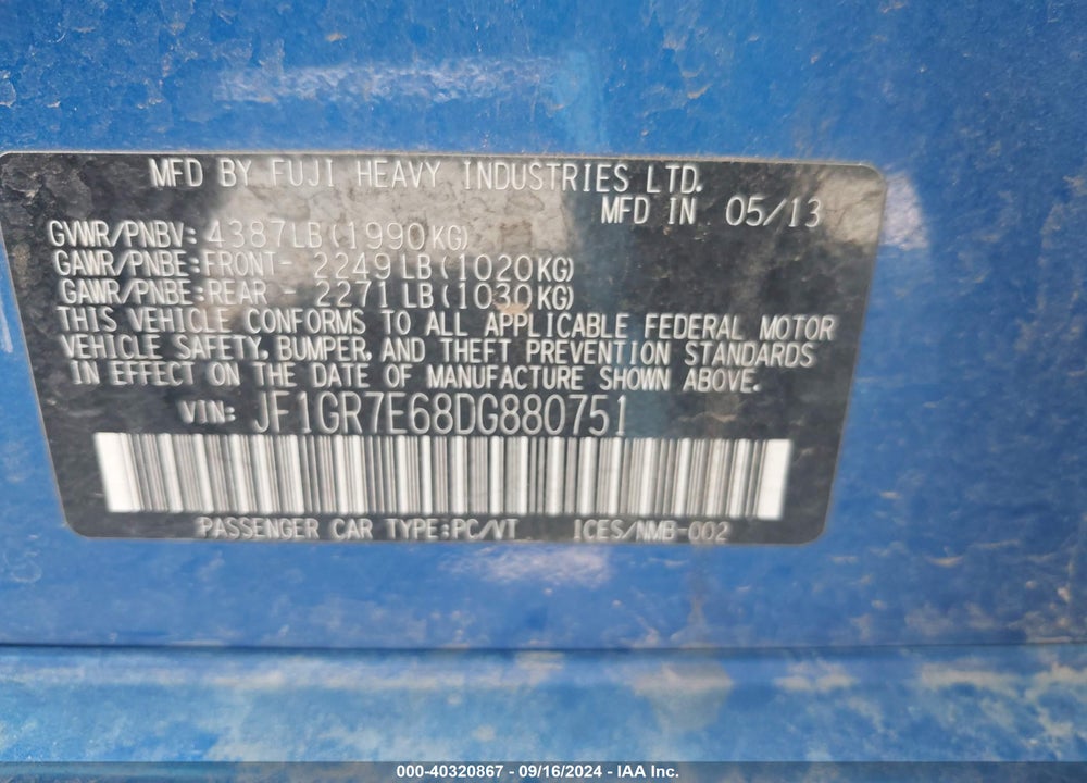 2013 SUBARU IMPREZA WRX VIN: JF1GR7E68DG880751