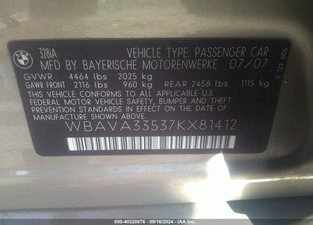 2007 BMW 328I VIN: WBAVA33537KX81412