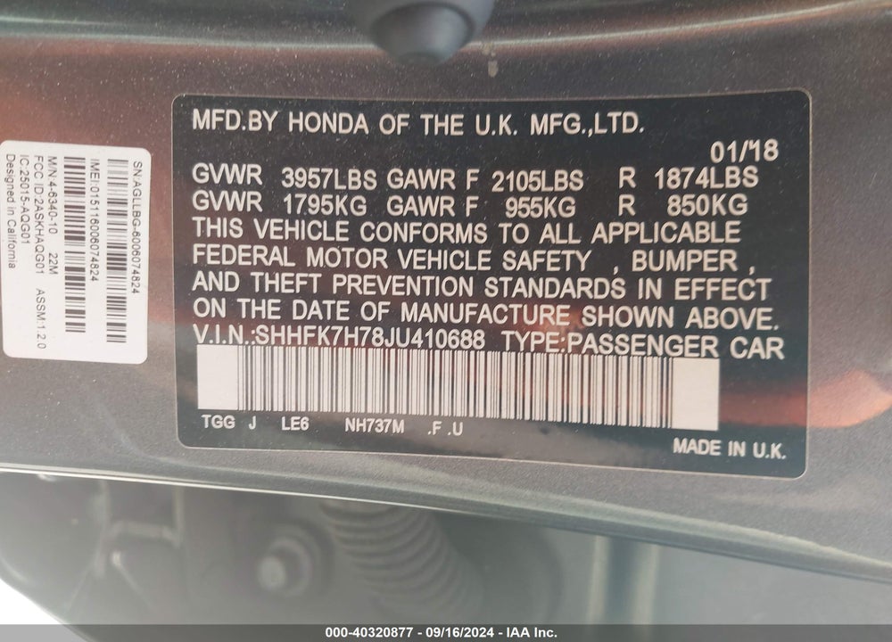 2018 HONDA CIVIC EX-L VIN: SHHFK7H78JU410688