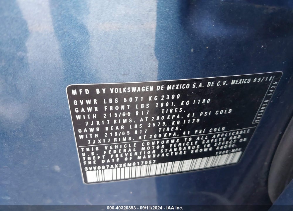 2019 VOLKSWAGEN TIGUAN 2.0T S VIN: 3VV0B7AX2KM017057