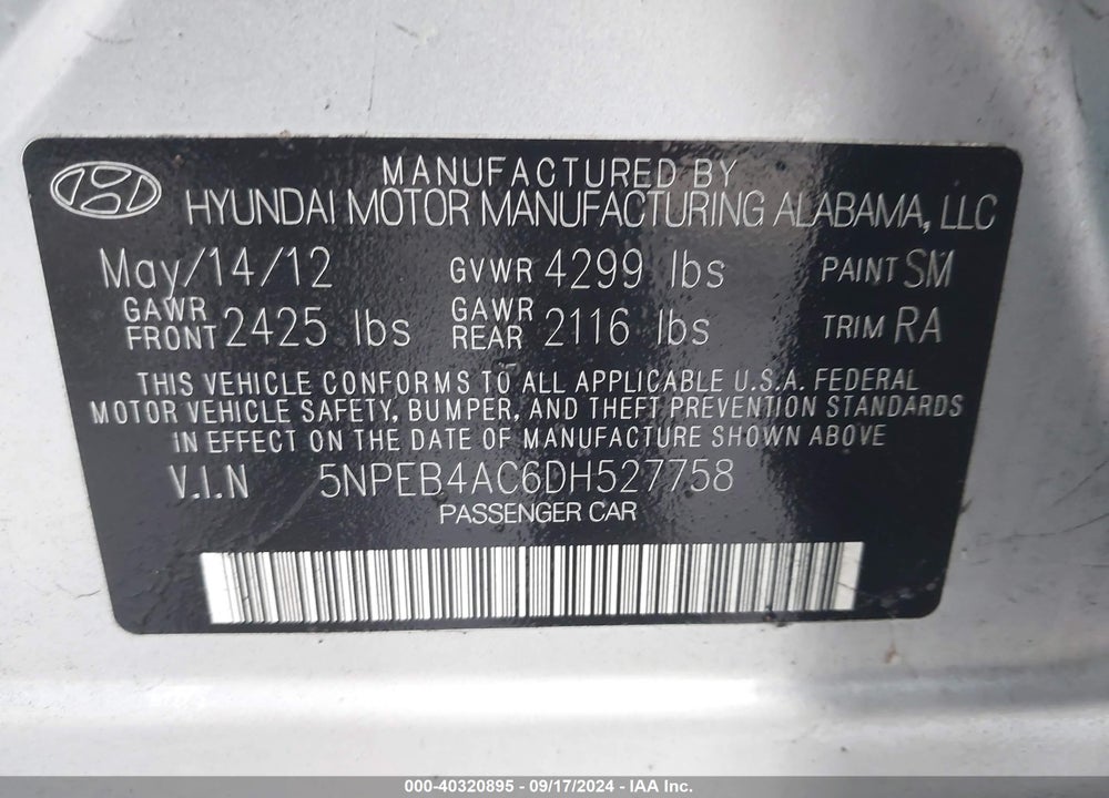 2013 HYUNDAI SONATA GLS VIN: 5NPEB4AC6DH527758