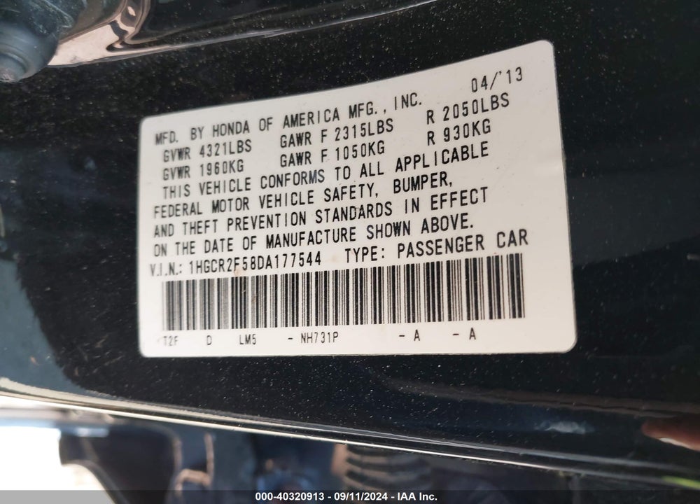2013 HONDA ACCORD SPORT VIN: 1HGCR2F58DA177544