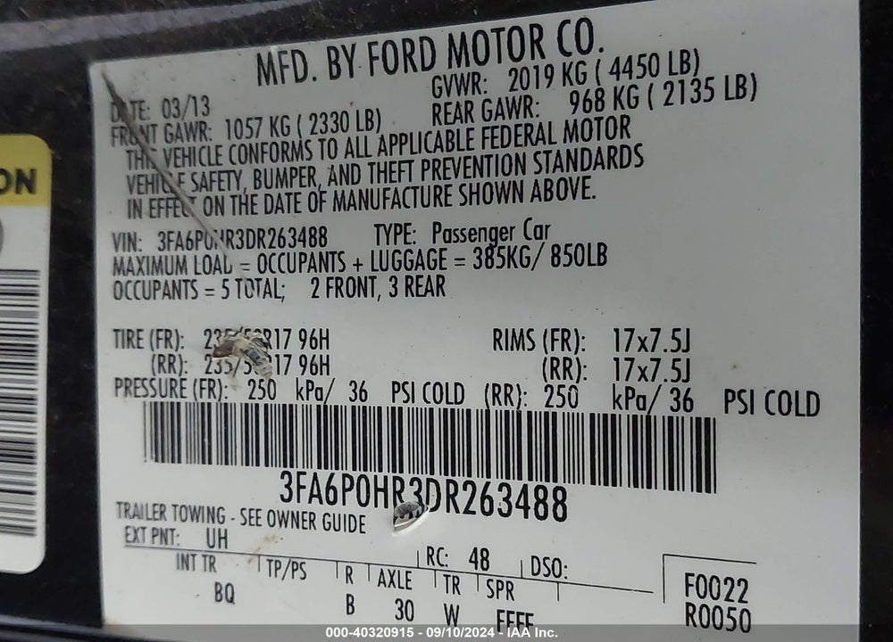 2013 FORD FUSION SE VIN: 3FA6P0HR3DR263488