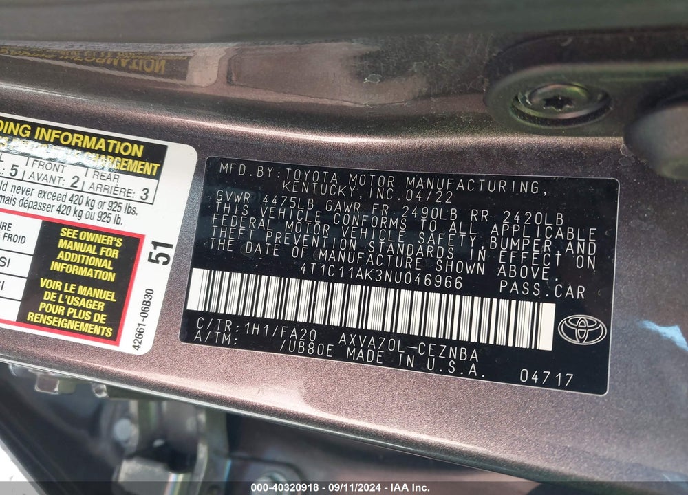 2022 TOYOTA CAMRY LE VIN: 4T1C11AK3NU046966