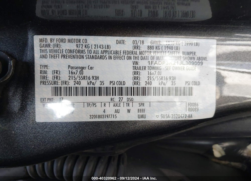 2018 FORD FOCUS SE VIN: 1FADP3K21JL309009