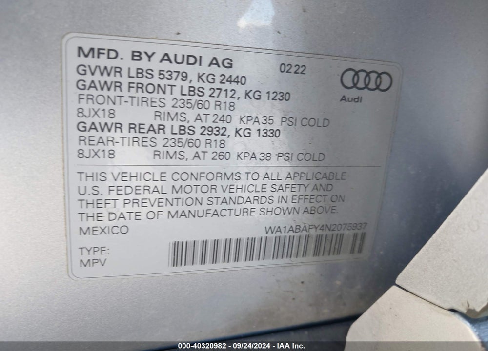2022 AUDI Q5 PREMIUM 40 TFSI QUATTRO S TRONIC VIN: WA1ABAFY4N2075937