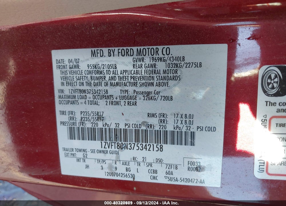 2007 FORD MUSTANG V6 DELUXE/V6 PREMIUM VIN: 1ZVFT80N375342158
